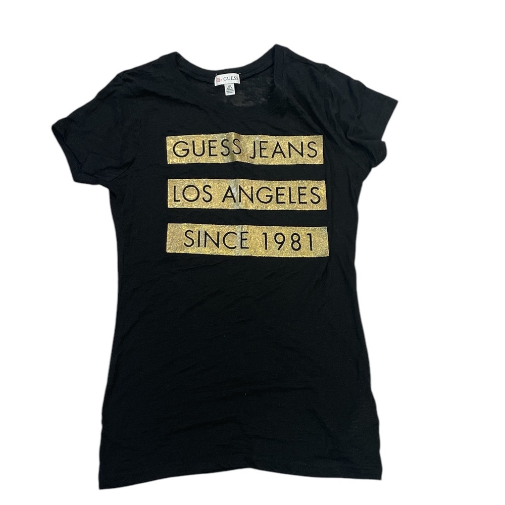 Guess Jeans Burnout T-Shirt Black with Gold Print Short Sleeves Size Large